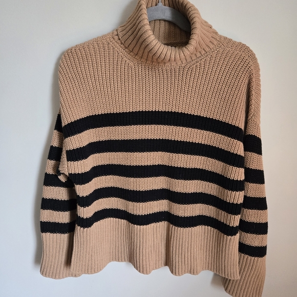Quince Striped Cotton Chunky Sweater Sz M Medium Turtleneck Bell Wide Sleeve - Picture 4 of 11
